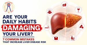 Illustration showing a healthy liver and a damaged liver side by side with icons representing unhealthy daily habits such as alcohol, smoking, junk food, inactivity, obesity, stress, and medication misuse. The image highlights the topic "Are Your Daily Habits Damaging Your Liver? 7 Common Mistakes That Increase Liver Disease Risk" with Arihant Hospital branding.