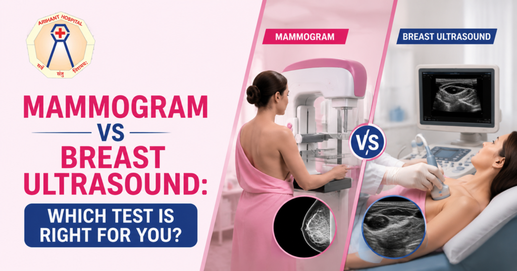 Medical blog cover comparing mammogram and breast ultrasound with breast imaging visuals and Arihant Hospital logo, highlighting how to choose the right breast screening test.