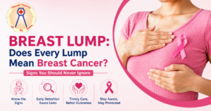 Breast cancer awareness blog banner featuring the Arihant Hospital logo, a woman performing a breast self examination, and the title "Breast Lump: Does Every Lump Mean Breast Cancer? Signs You Should Never Ignore."
