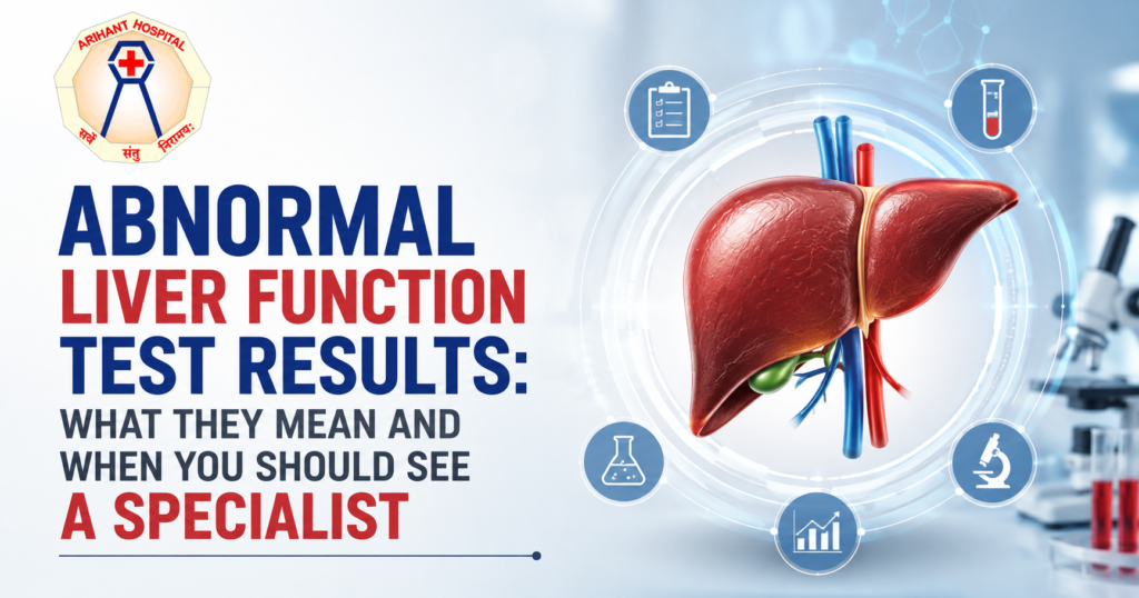 Abnormal liver function test results graphic featuring a liver illustration, laboratory testing symbols, and the headline “What They Mean and When You Should See a Specialist,” with Arihant Hospital branding.