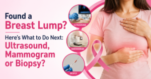 Breast lump awareness infographic showing ultrasound, mammogram, and biopsy options with Arihant Hospital logo.