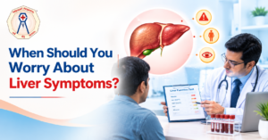 Doctor reviewing liver function test results with a patient beside a liver illustration, highlighting warning signs and early detection of liver disease.